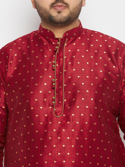 Vastramay Men's Plus Size Maroon Zari Weaved Kurta Dhoti Set